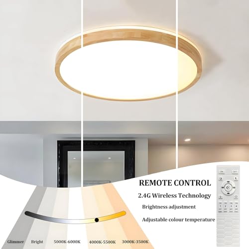 YYUTLUO Wood LED Ceiling Light – 360° Glow Dimmable Round Lamp, 36W