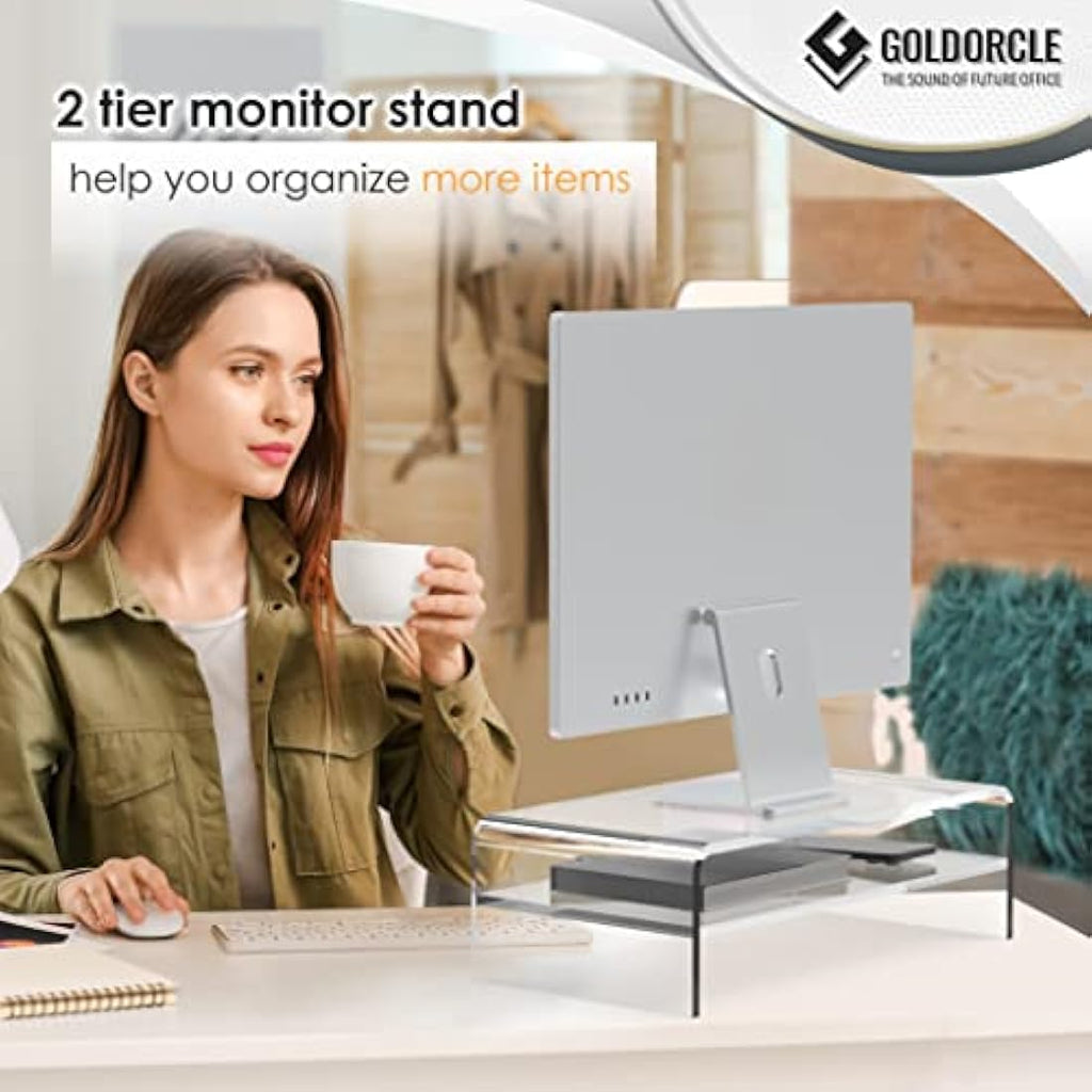 GOLDORCLE 2-Tier Acrylic Monitor Stand Riser | Clear Ergonomic Desk Shelf