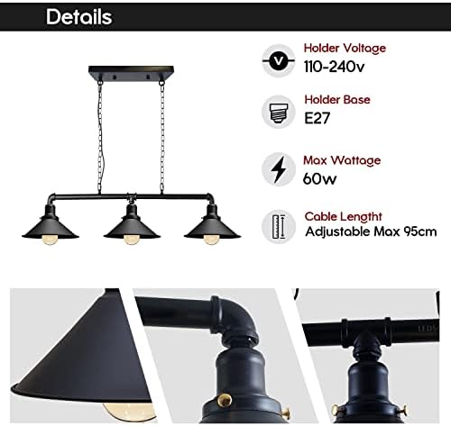 Industrial 3-Way Pipe Pendant Light | Black Metal Cone Shade