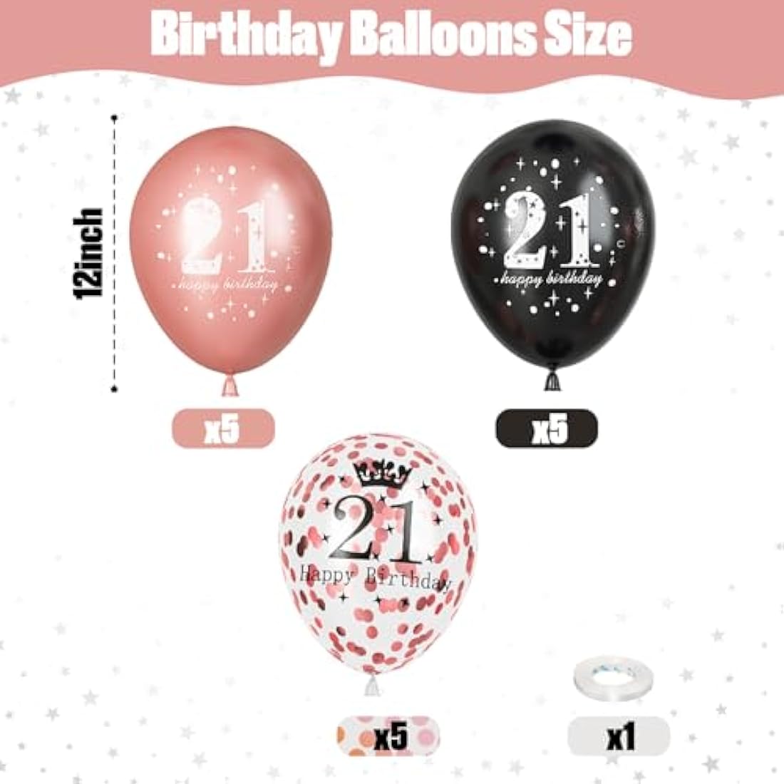 21st Birthday Balloons – 15 Pcs Rose Gold & Black Latex