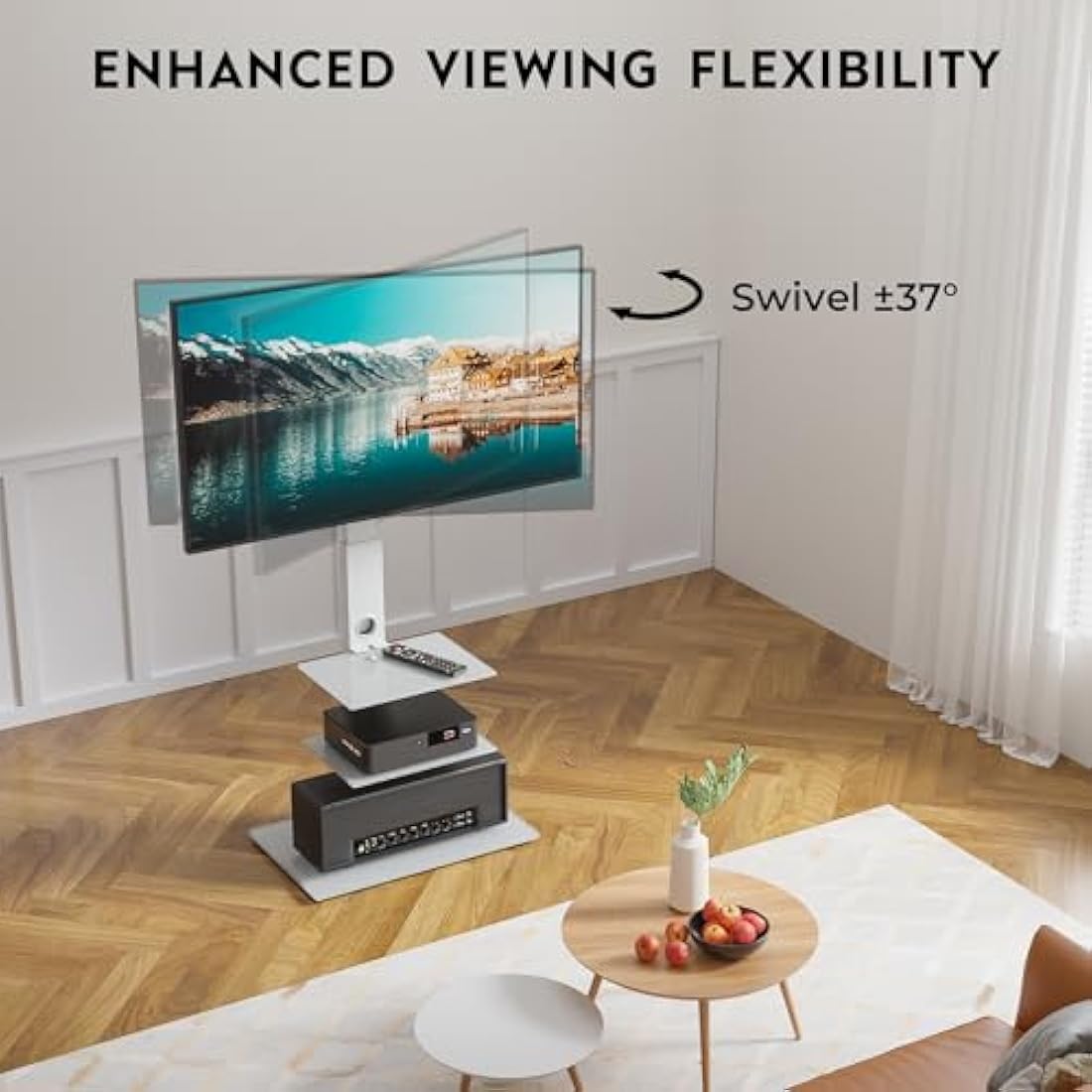 BONTEC Universal Floor TV Stand | 30-70 inch | 3-Tier Glass Shelves (White)