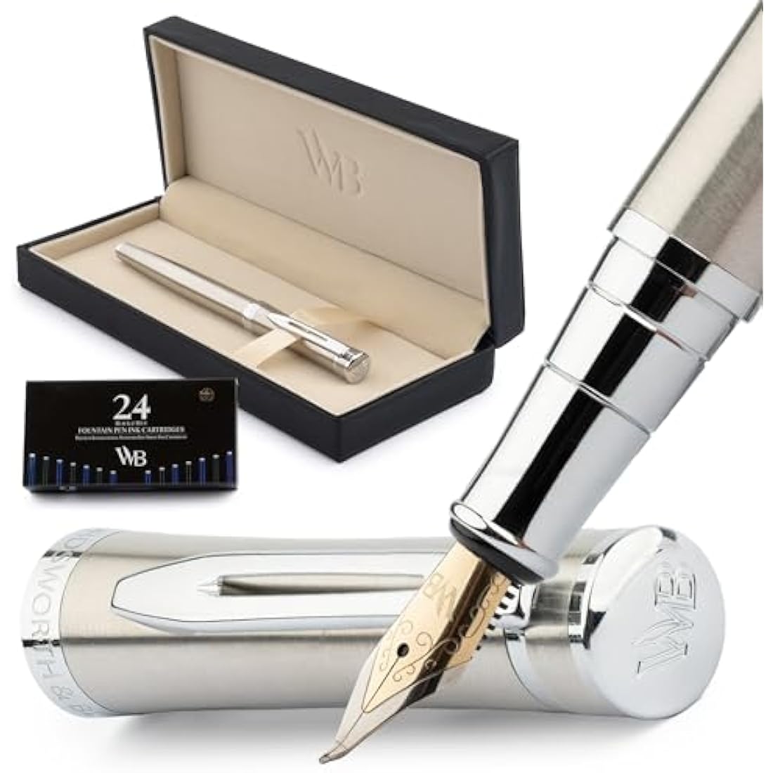 Wordsworth & Black Fountain Pen Set – Silver Chrome Calligraphy Pen