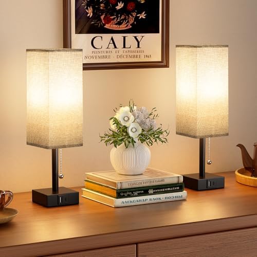 Aooshine Bedside Lamps Set of 2 | USB C+A Ports & 3-Color Modes