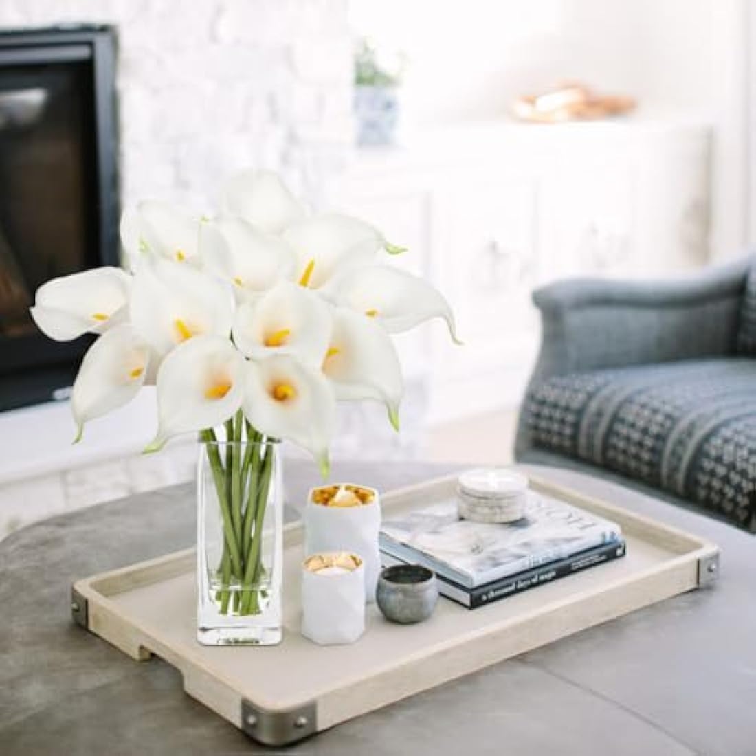 Real Touch White Artificial Calla Lilies with Glass Vase