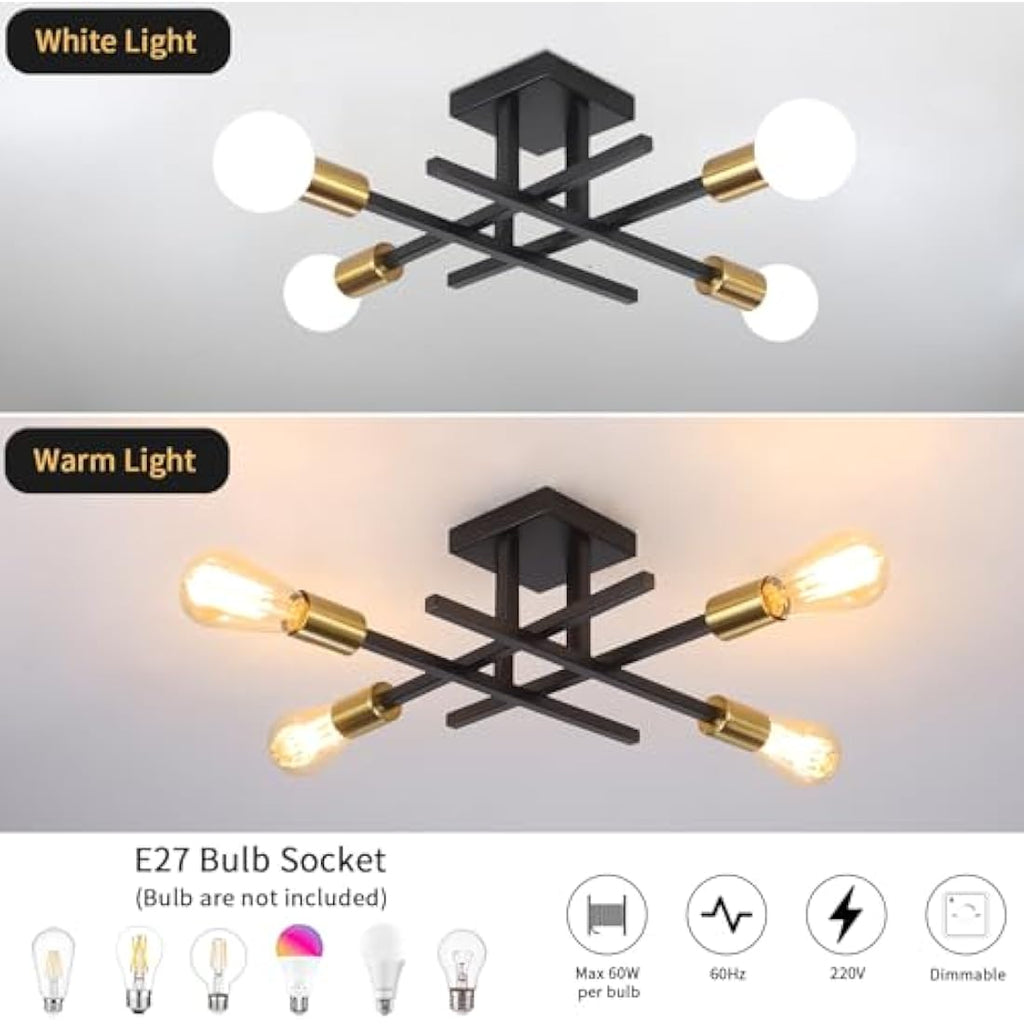 QAREHL 4-Light Modern Sputnik Chandelier – Black and Gold Metal Ceiling Light