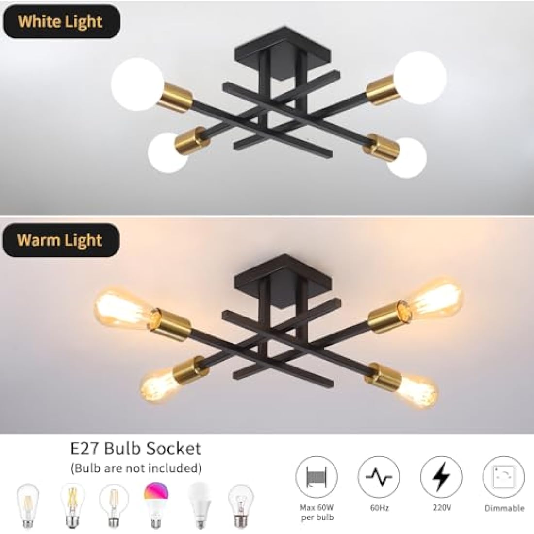 QAREHL 4-Light Modern Sputnik Chandelier – Black and Gold Metal Ceiling Light