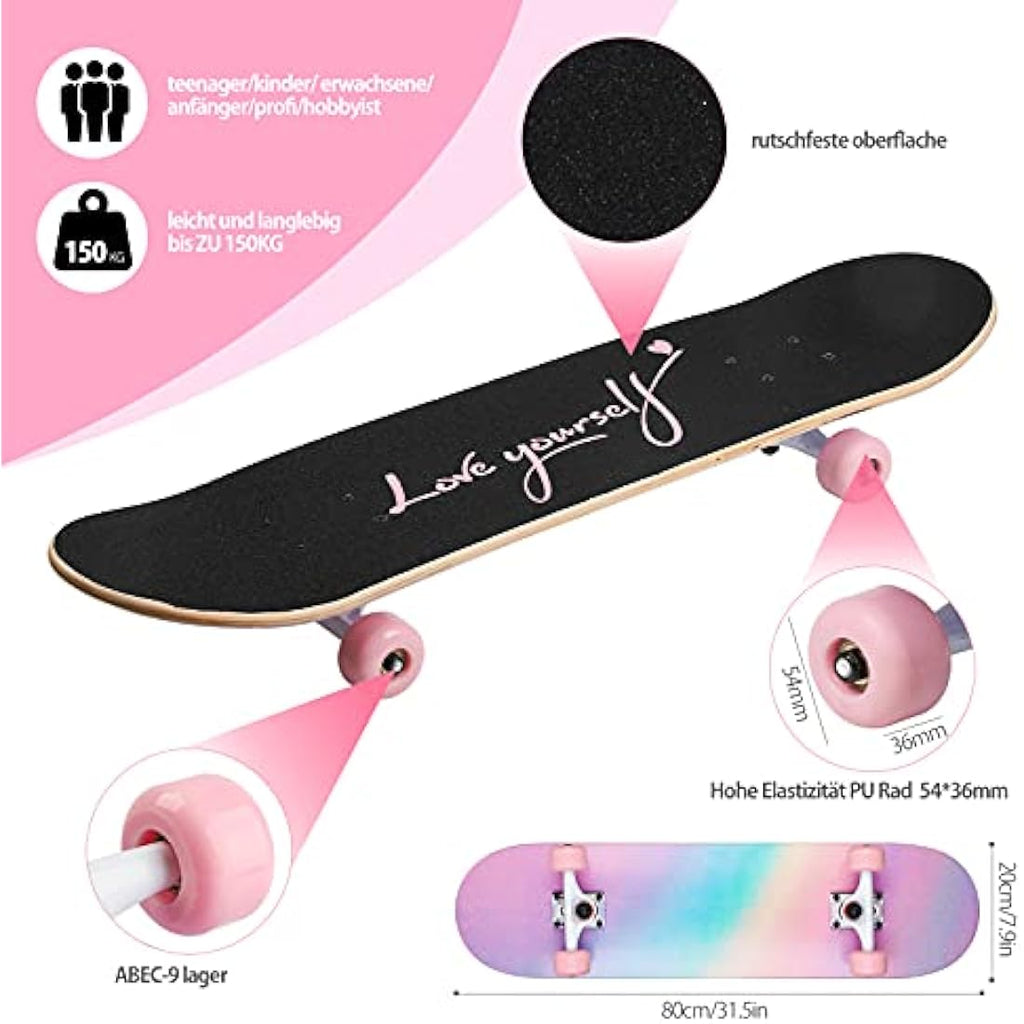 ILAHUI 7-Layer Maple Wood Skateboard for Beginners | Rainbow Powder