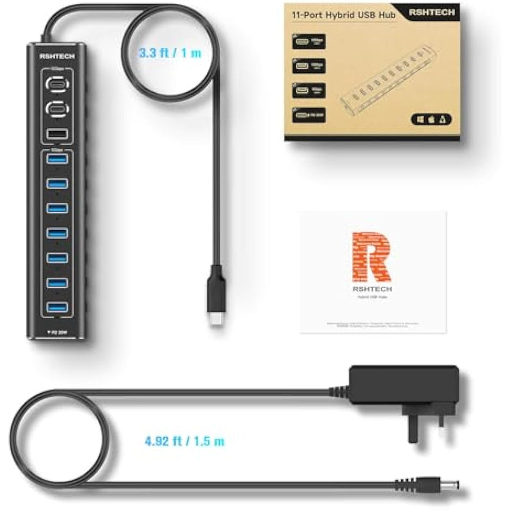 RSHTECH 11-Port Powered USB C Hub | 60W Aluminum 10Gbps Data Splitter