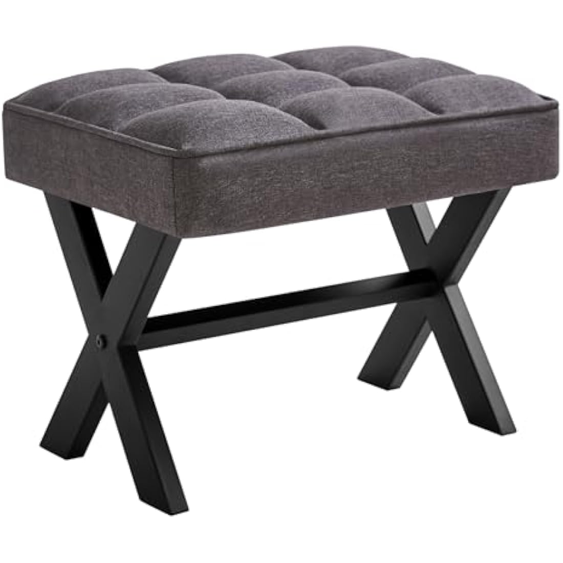 IBUYKE Small Square Linen Footrest Stool | Metal X-Leg Vanity Chair, Dark Gray