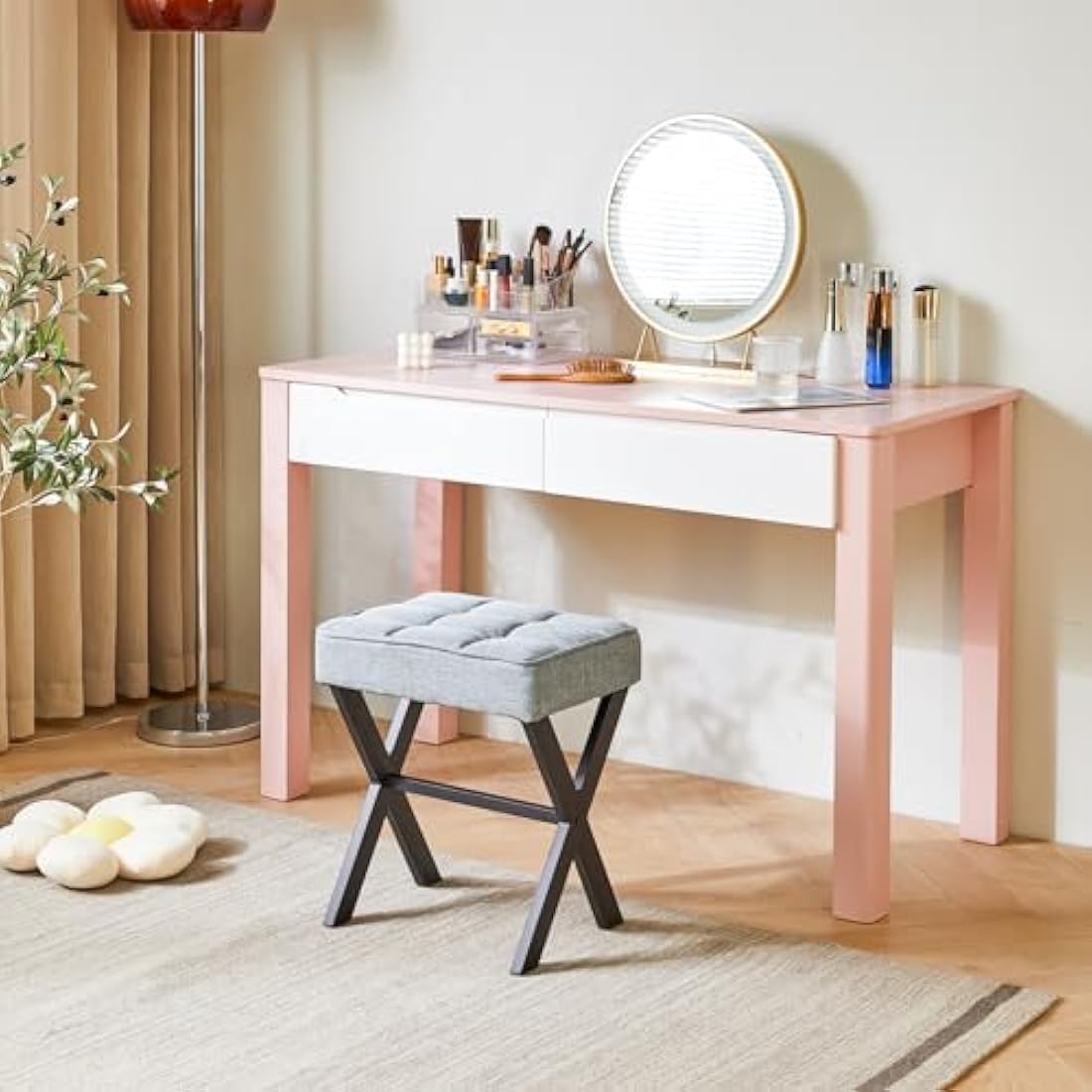IBUYKE Square Linen Vanity Stool – Blue Gray Ottoman with X-Legs