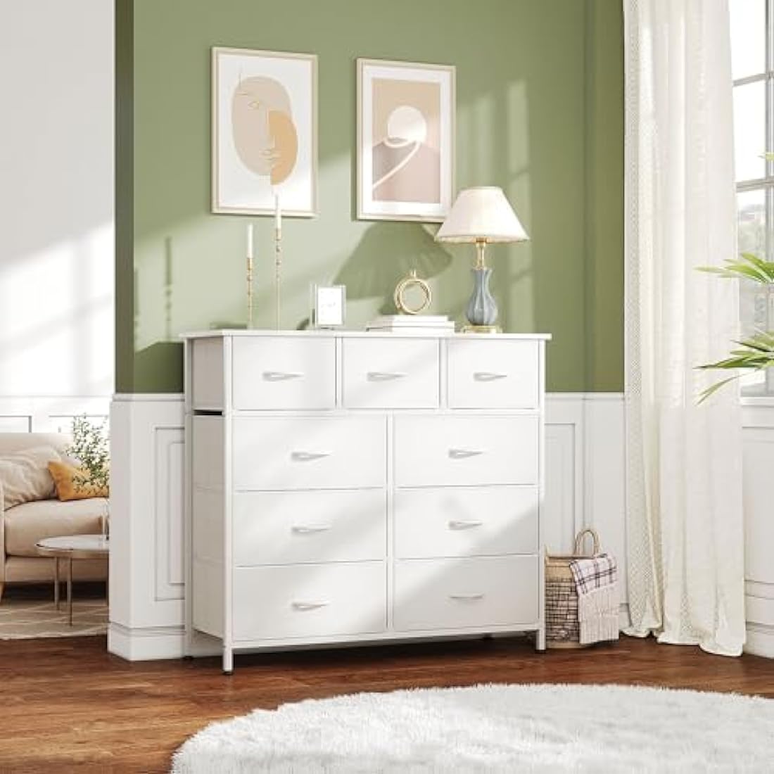 CAIYUN 9-Drawer Fabric Dresser | White Storage Chest with Wood Top
