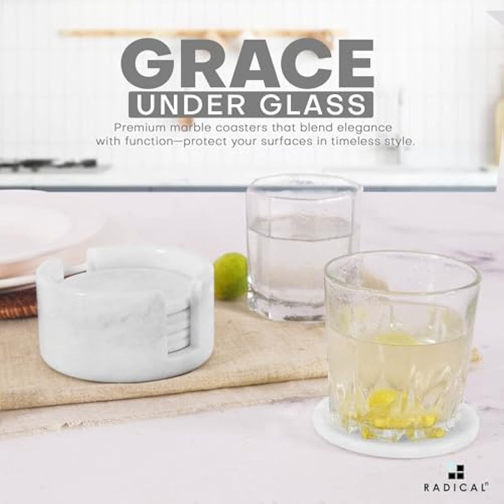 Radicaln White Marble Coasters Set of 6 with Holder – 3.5 Inch Round