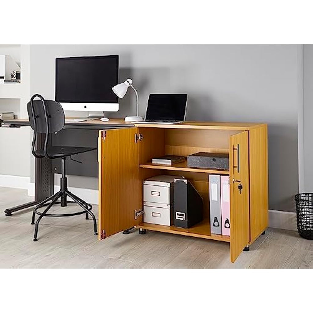MMT Beech 2-Door Office Storage Cupboard | Lockable 75cm Tall Cabinet