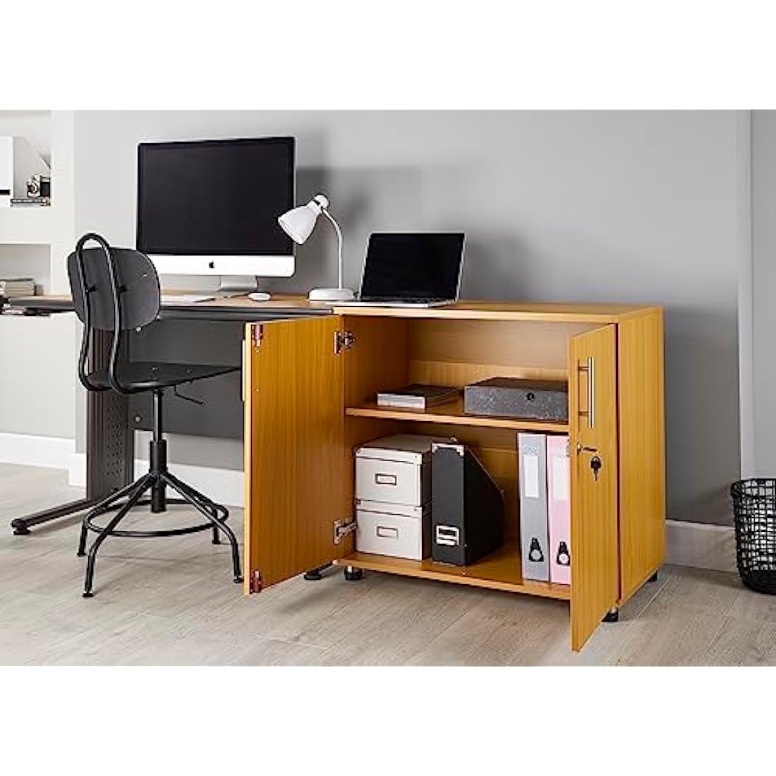 MMT Beech 2-Door Office Storage Cupboard | Lockable 75cm Tall Cabinet