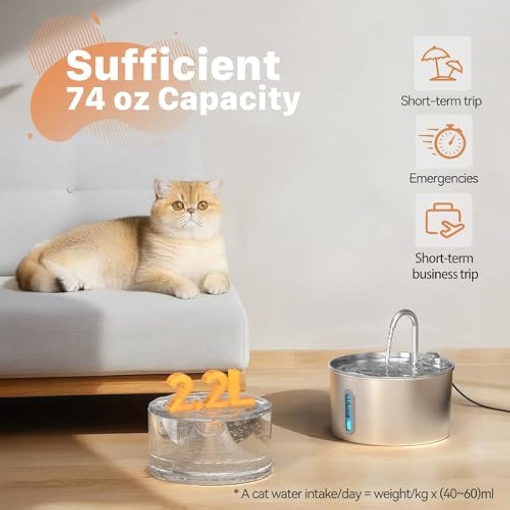 KOOGMOON 2.2L Stainless Steel Cat Water Fountain – Ultra-Quiet Pet Dispenser