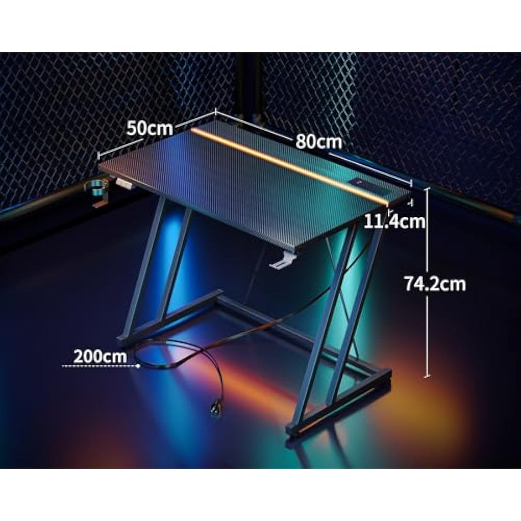 ODK Gaming Desk with LED Lights & Power Outlet | Carbon Fiber Black 80cm