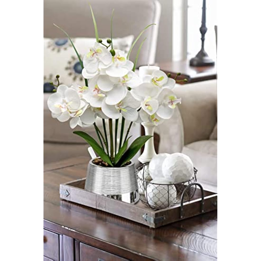 Oairse White Artificial Orchid in Silver Pot – 40cm Real Touch Silk Plant