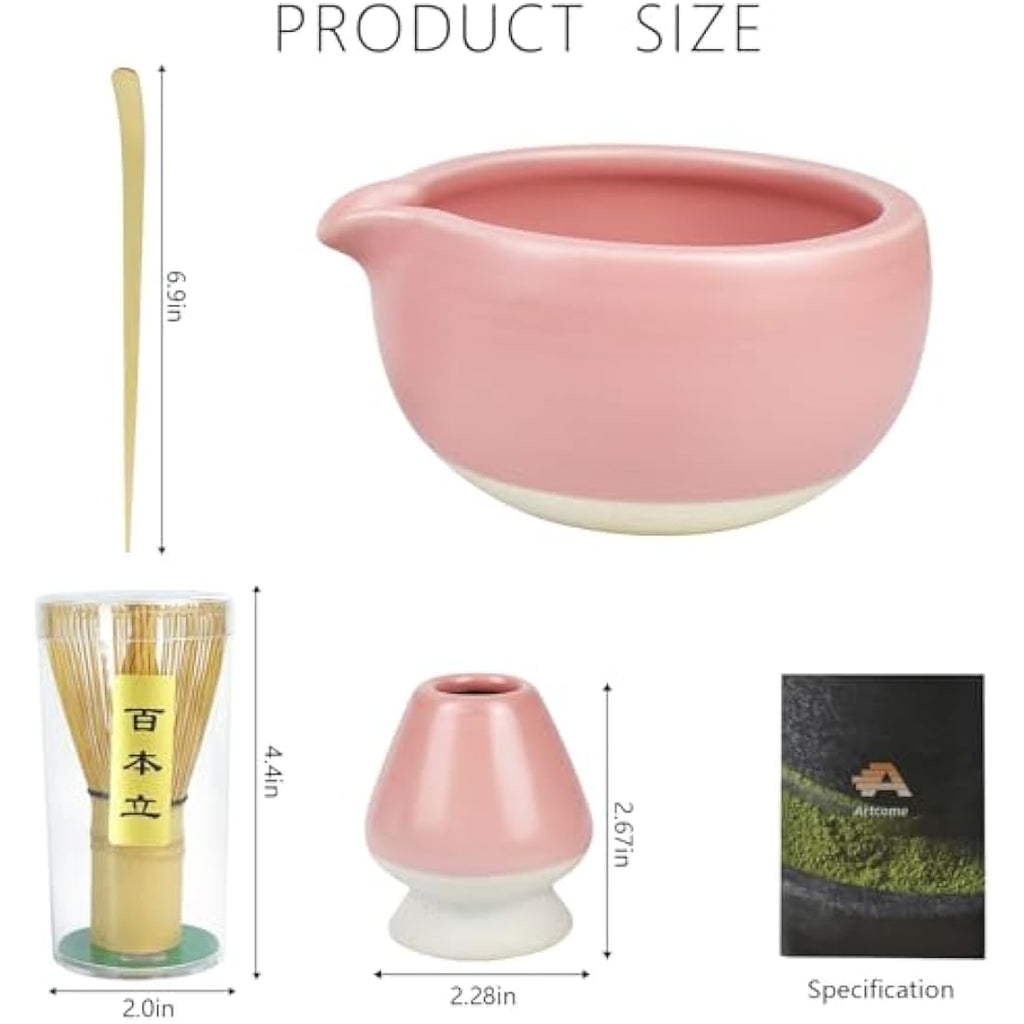 Artcome Matcha Tea Ceremony Kit – Bamboo Whisk and Pink Pottery Bowl