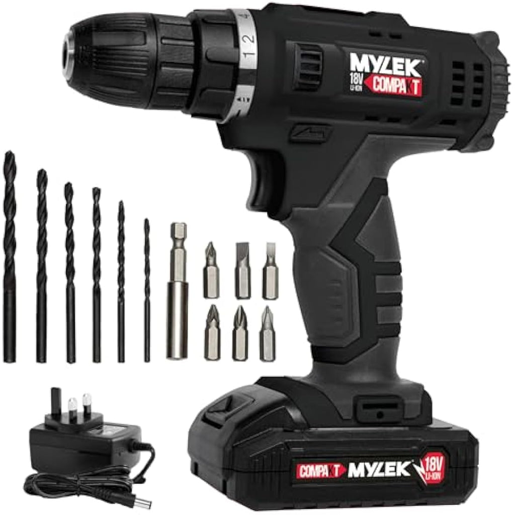 MYLEK 18V Cordless Drill & Electric Screwdriver Set with DIY Kit - Black