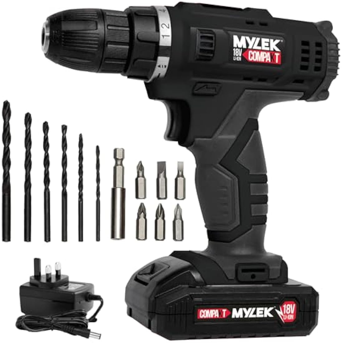 MYLEK 18V Cordless Drill & Electric Screwdriver Set with DIY Kit - Black