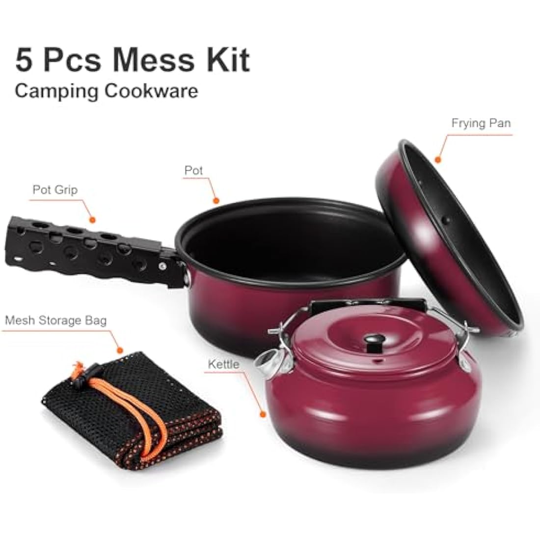 Odoland 5pcs Camping Cookware Mess Kit | Non-Stick Aluminum Pot Pan Set
