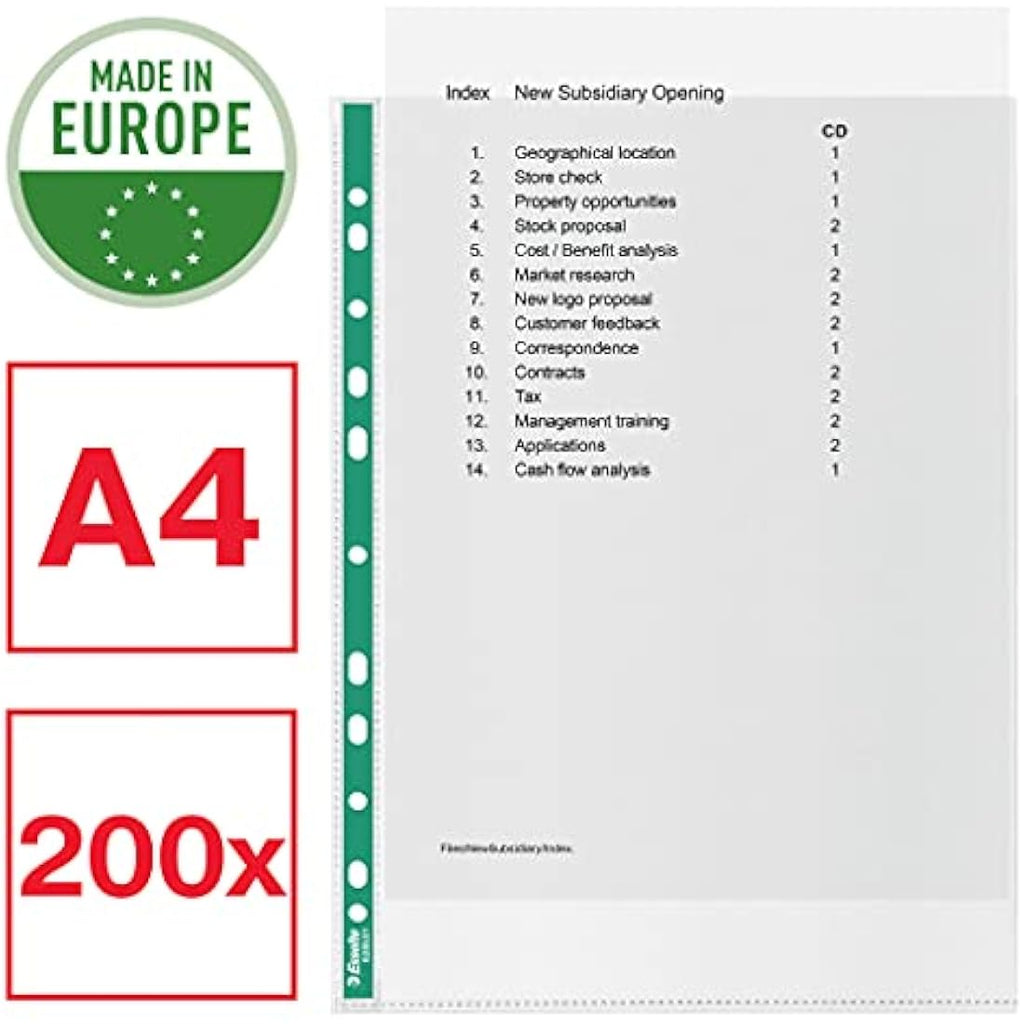 Esselte A4 Punched Pockets – 34 Micron Embossed Poly Pockets (Pack of 200)