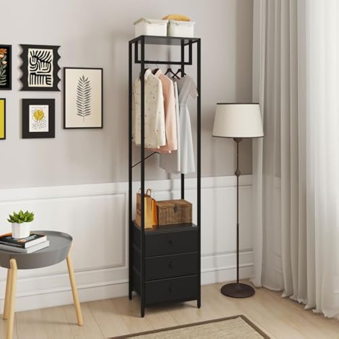 YMYNY Freestanding Coat Rack with 3 Non-Woven Drawers | Tall Closet Organizer