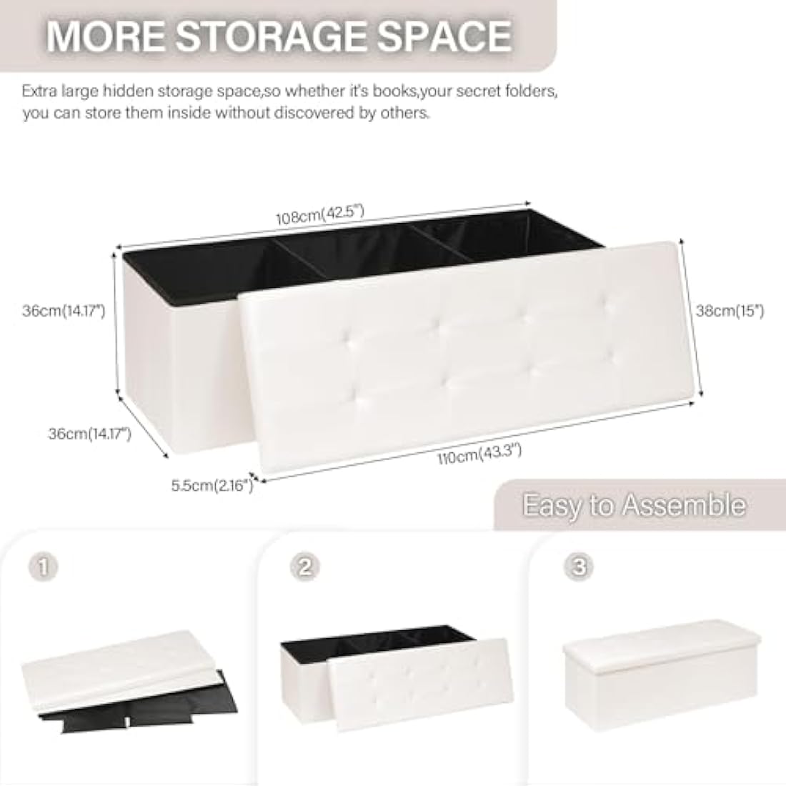 Bonlife Folding Storage Ottoman Bench | White Faux Leather Toy Box