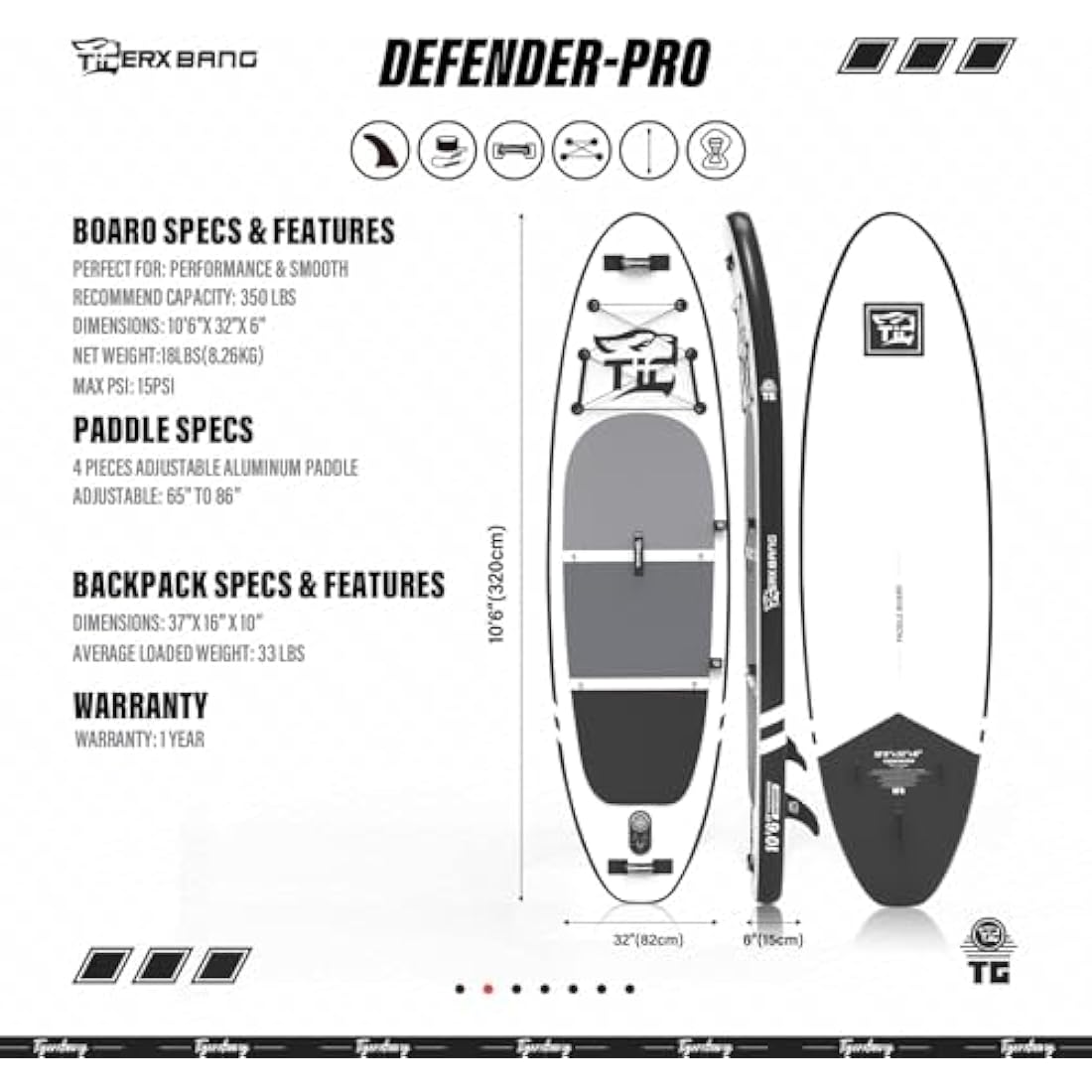 TIGERXBANG Inflatable Stand Up Paddle Board – 10'6" Military Grade SUP