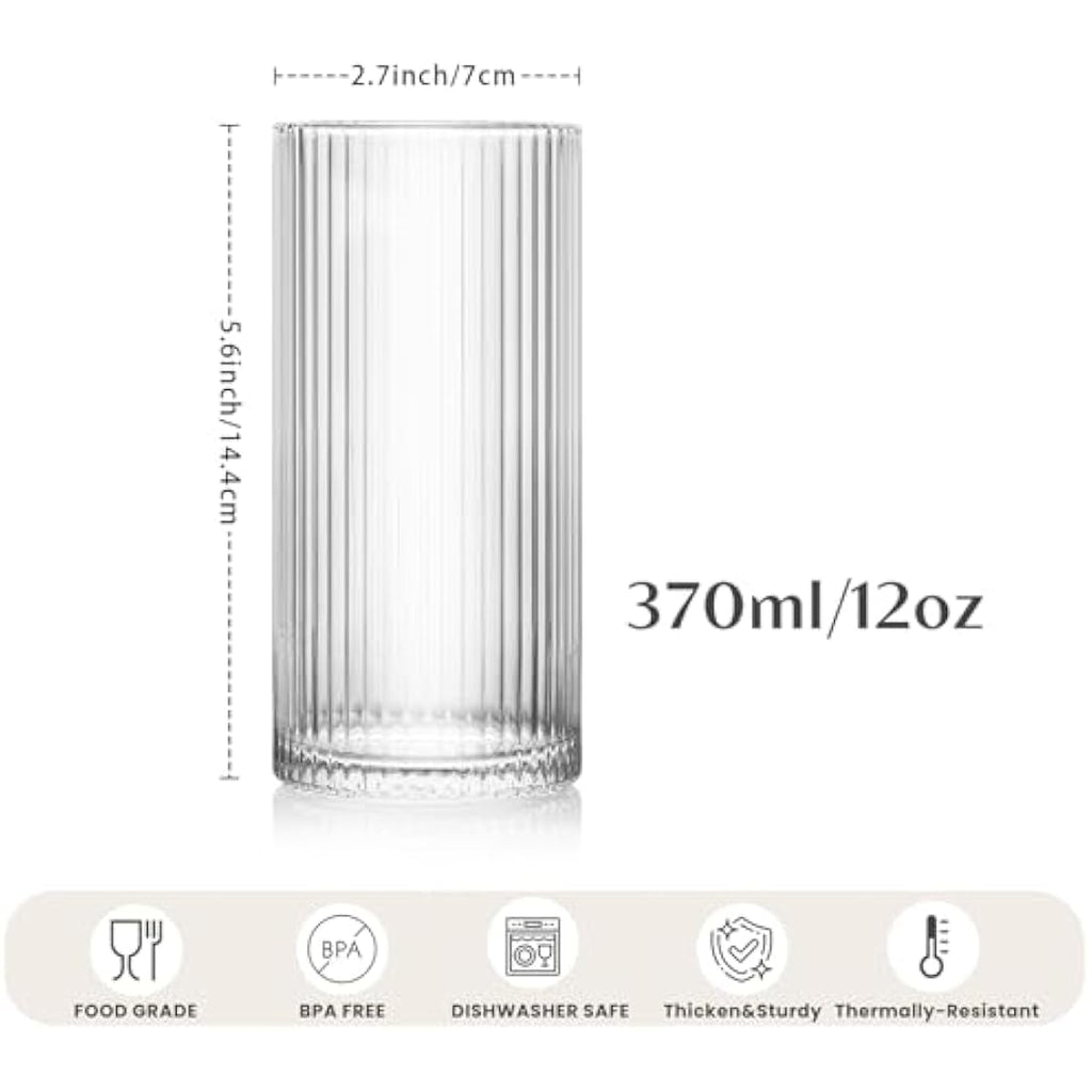 INSETLAN Ribbed Drinking Glasses - 6pc Origami Highball Glass Set