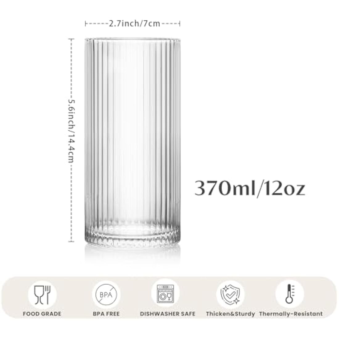 INSETLAN Ribbed Drinking Glasses - 6pc Origami Highball Glass Set