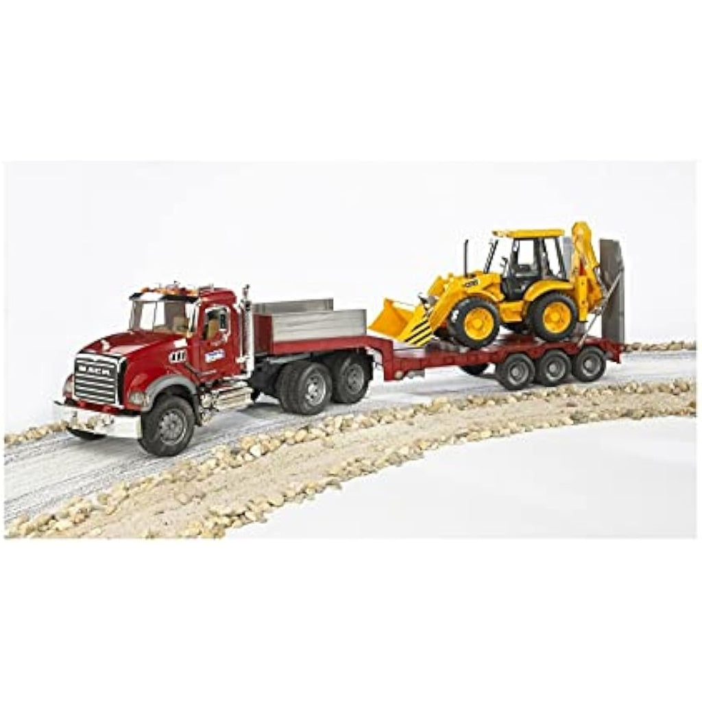 MACK Granite Truck Low Loader with JCB 4CX Backhoe Loader Toy Set