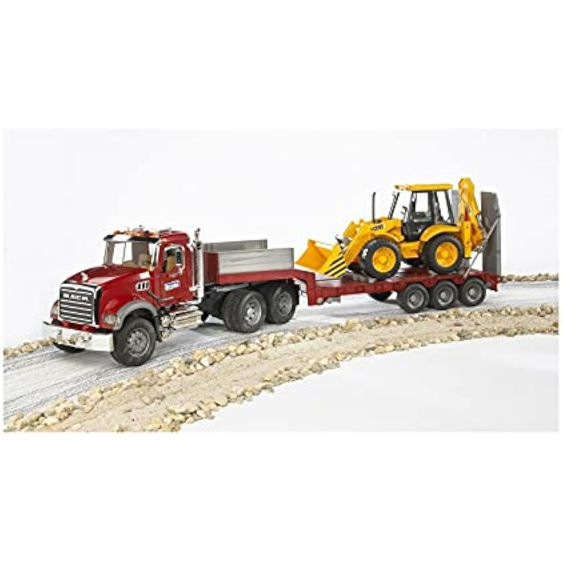 MACK Granite Truck Low Loader with JCB 4CX Backhoe Loader Toy Set