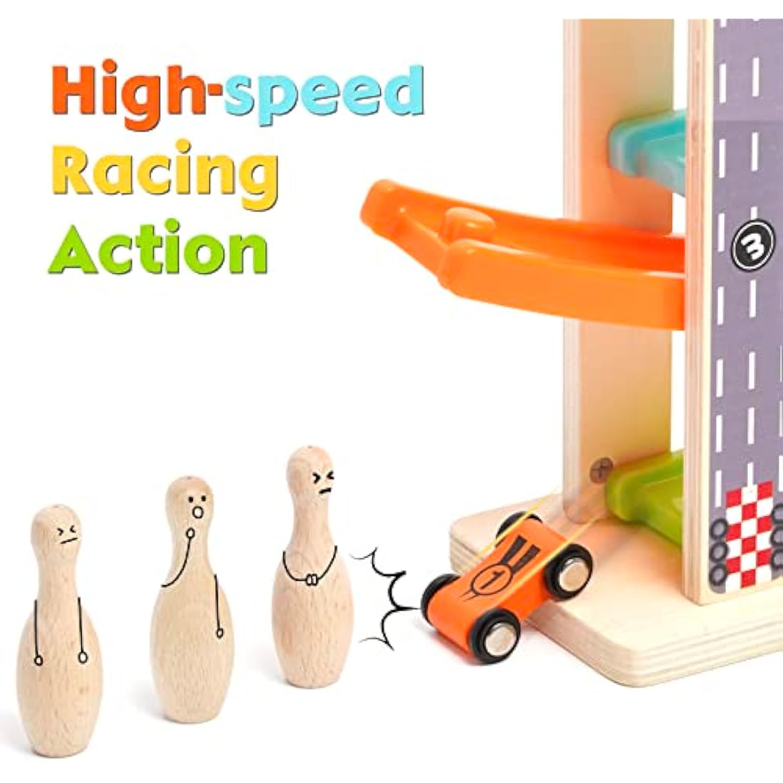 Wooden Car Ramp Race Track – Montessori Toy with 4 Cars