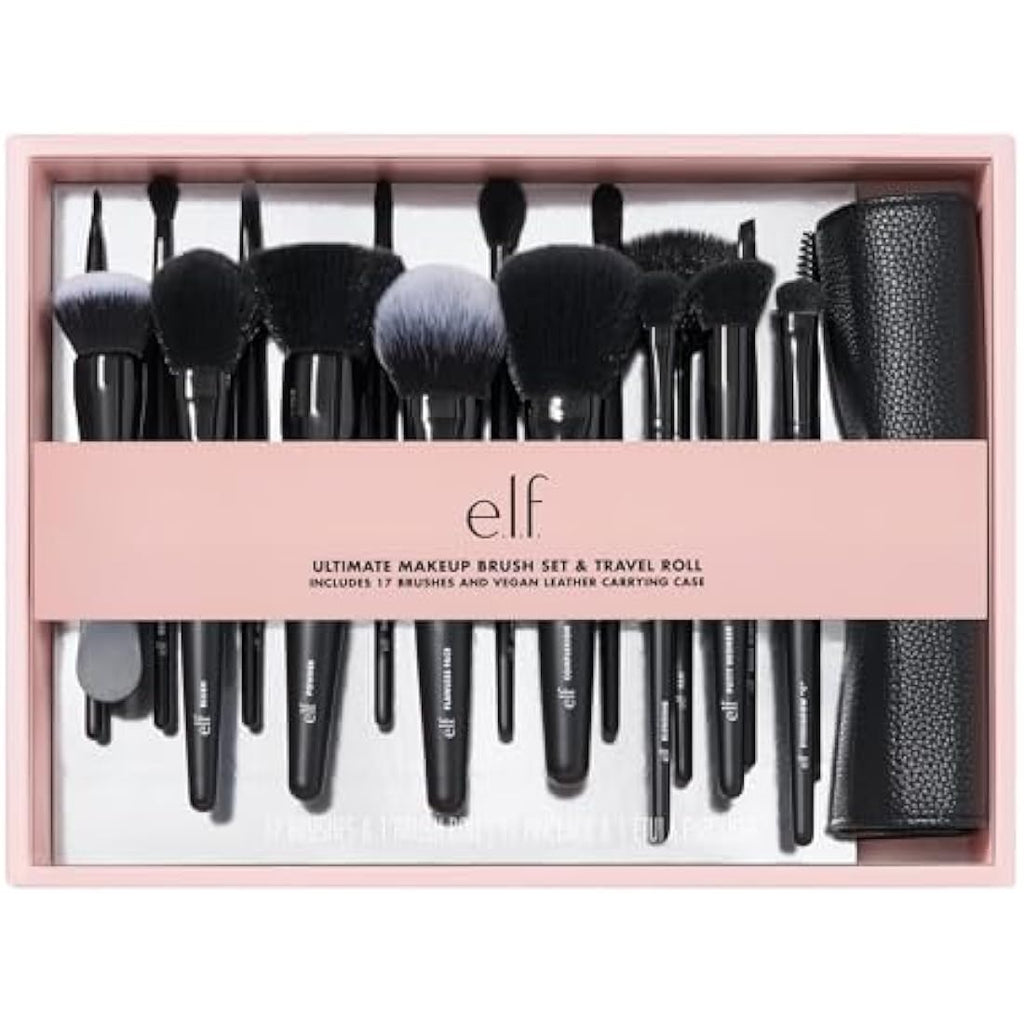 e.l.f. Ultimate Makeup Brush Set | 17-Piece Vegan Travel Kit with Roll