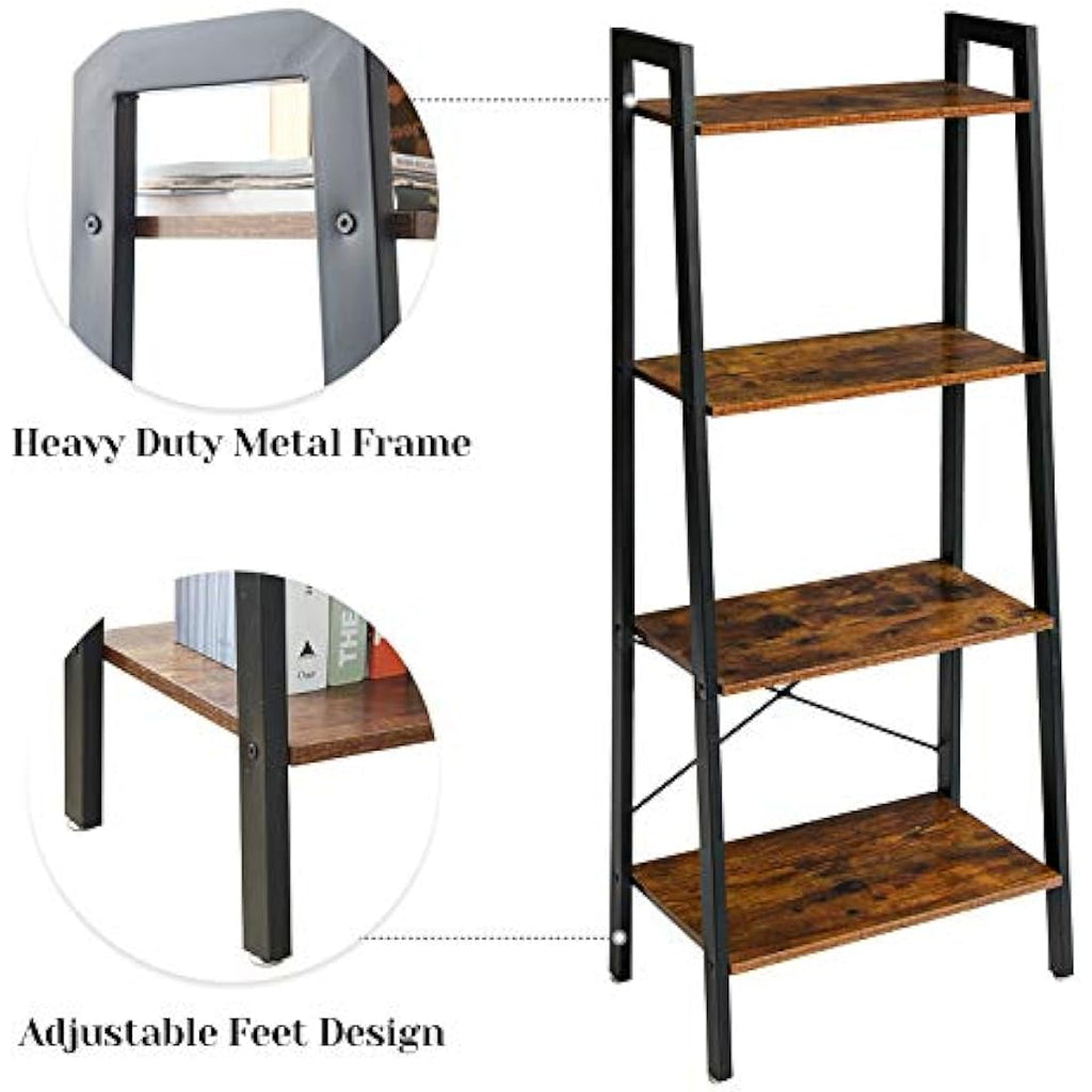 IBUYKE 4-Tier Ladder Shelf – Industrial Metal and Wood Bookshelf