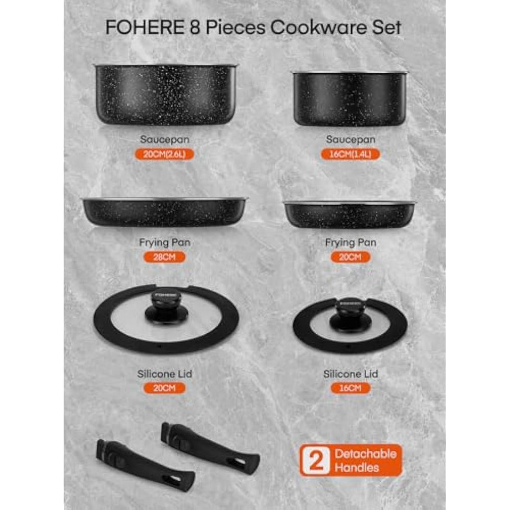 FOHERE 8-Piece Nonstick Cookware Set | Detachable Handles | Induction Ready