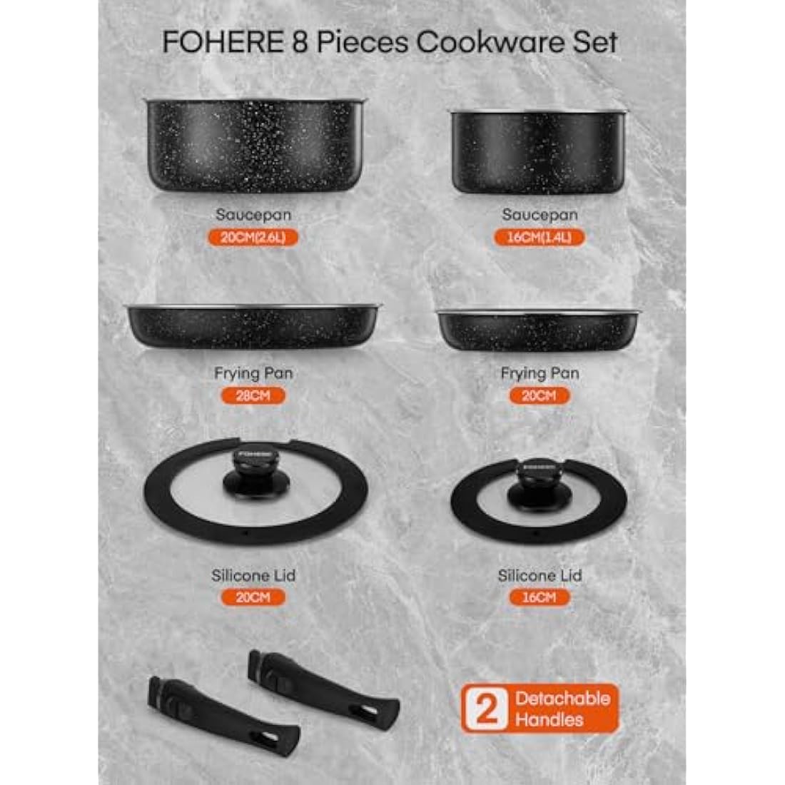 FOHERE 8-Piece Nonstick Cookware Set | Detachable Handles | Induction Ready