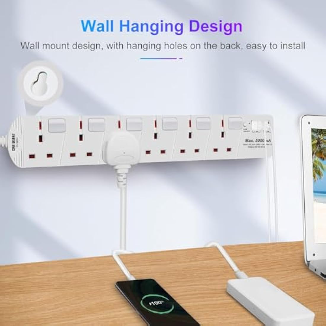 SE UKASE 6 Way Extension Lead with USB & Type C | 2M Wall Mount Power Strip