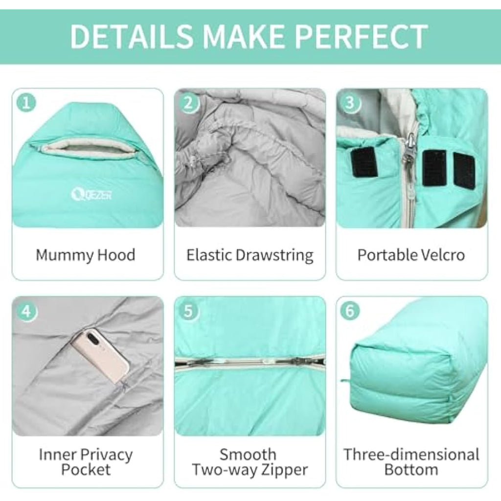 QEZER 4-Season Down Sleeping Bag | 620FP Duck Down Mummy Bag