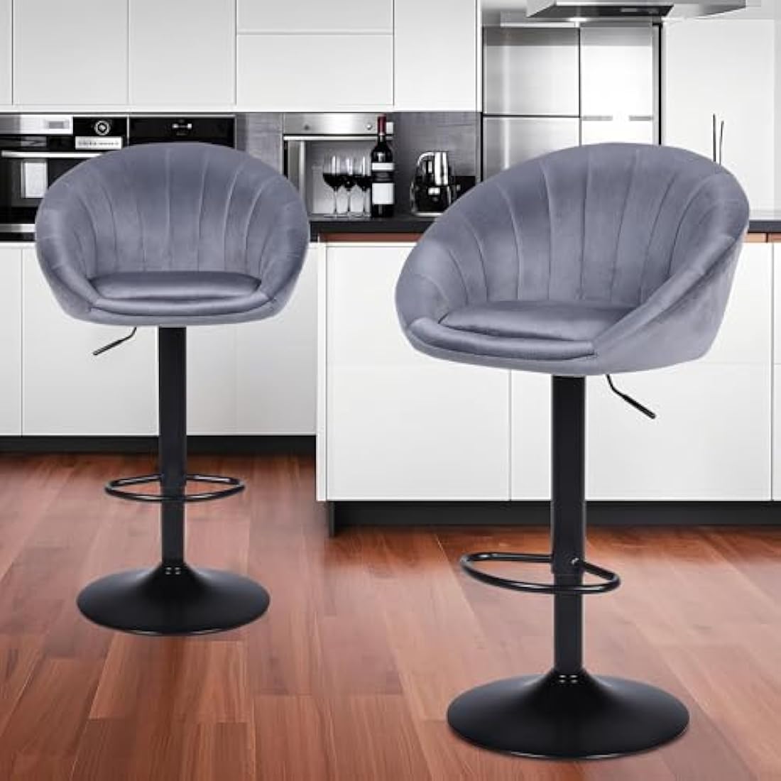 YERAIRR Grey Velvet Swivel Bar Stool | Adjustable Kitchen Stool