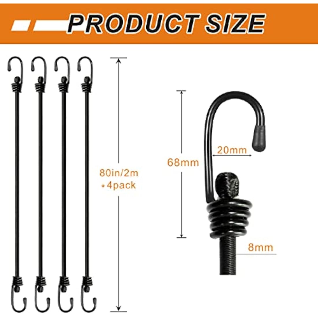 BEXSLE Heavy Duty Bungee Cords with Hooks - 2m Latex Elastic Straps, 4Pk