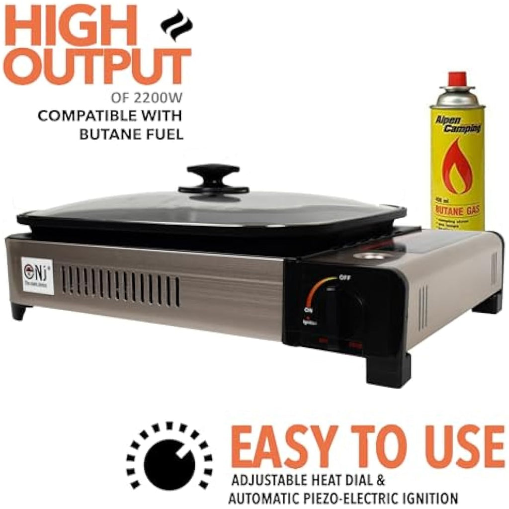 NJ Portable Gas BBQ Grill – 2.2kW Tabletop Camping Stove with Lid