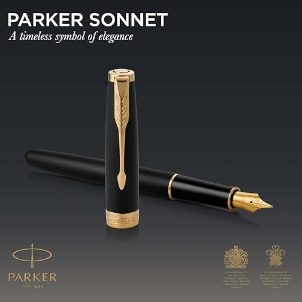 Parker Sonnet Fountain Pen - Matte Black Lacquer with Gold Trim, Medium Nib