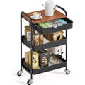 KINGRACK 3-Tier Rolling Utility Cart with Wooden Tabletop | Black