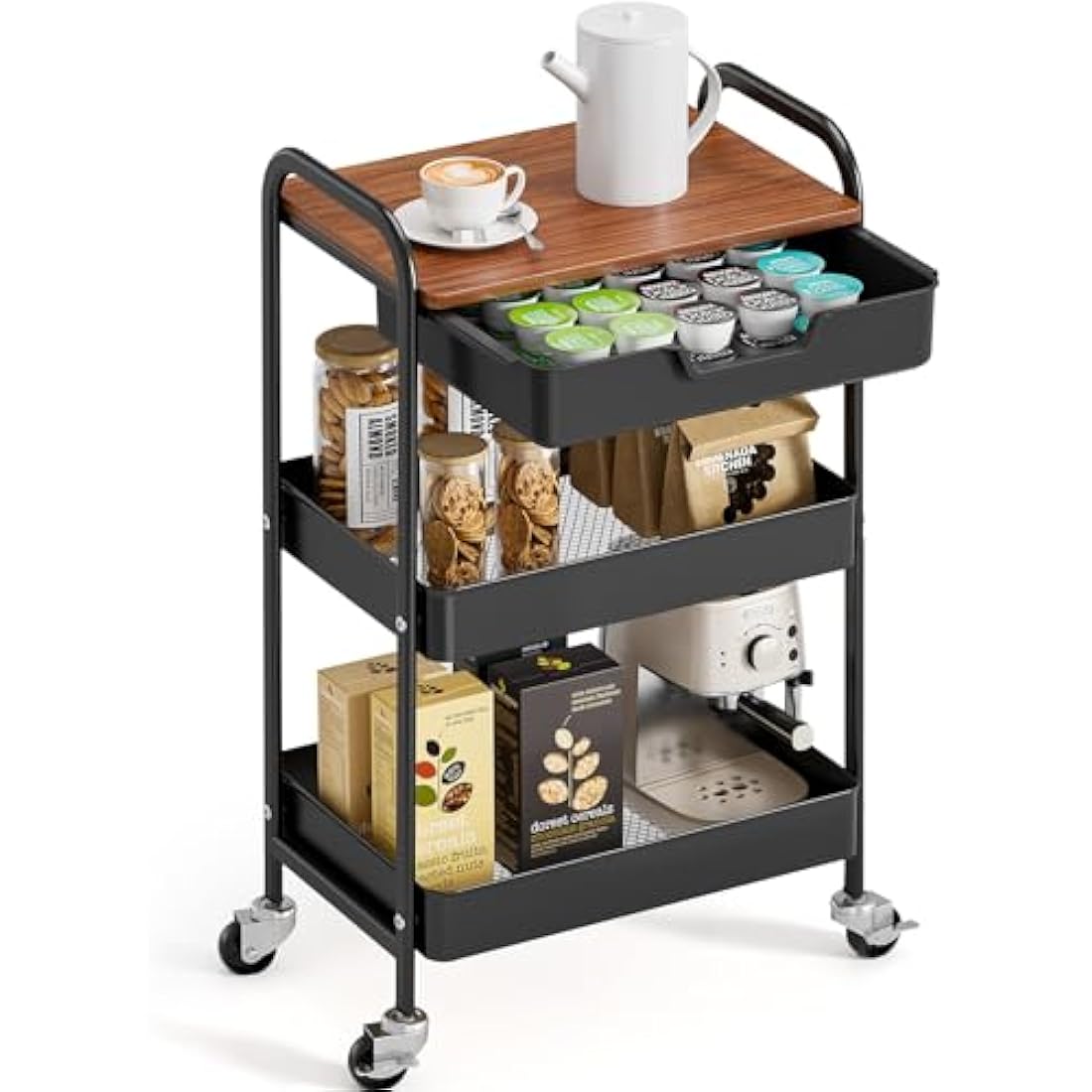 KINGRACK 3-Tier Rolling Utility Cart with Wooden Tabletop | Black