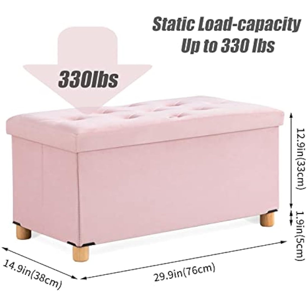 Pink Velvet Storage Ottoman – Foldable Stool with Wood Legs