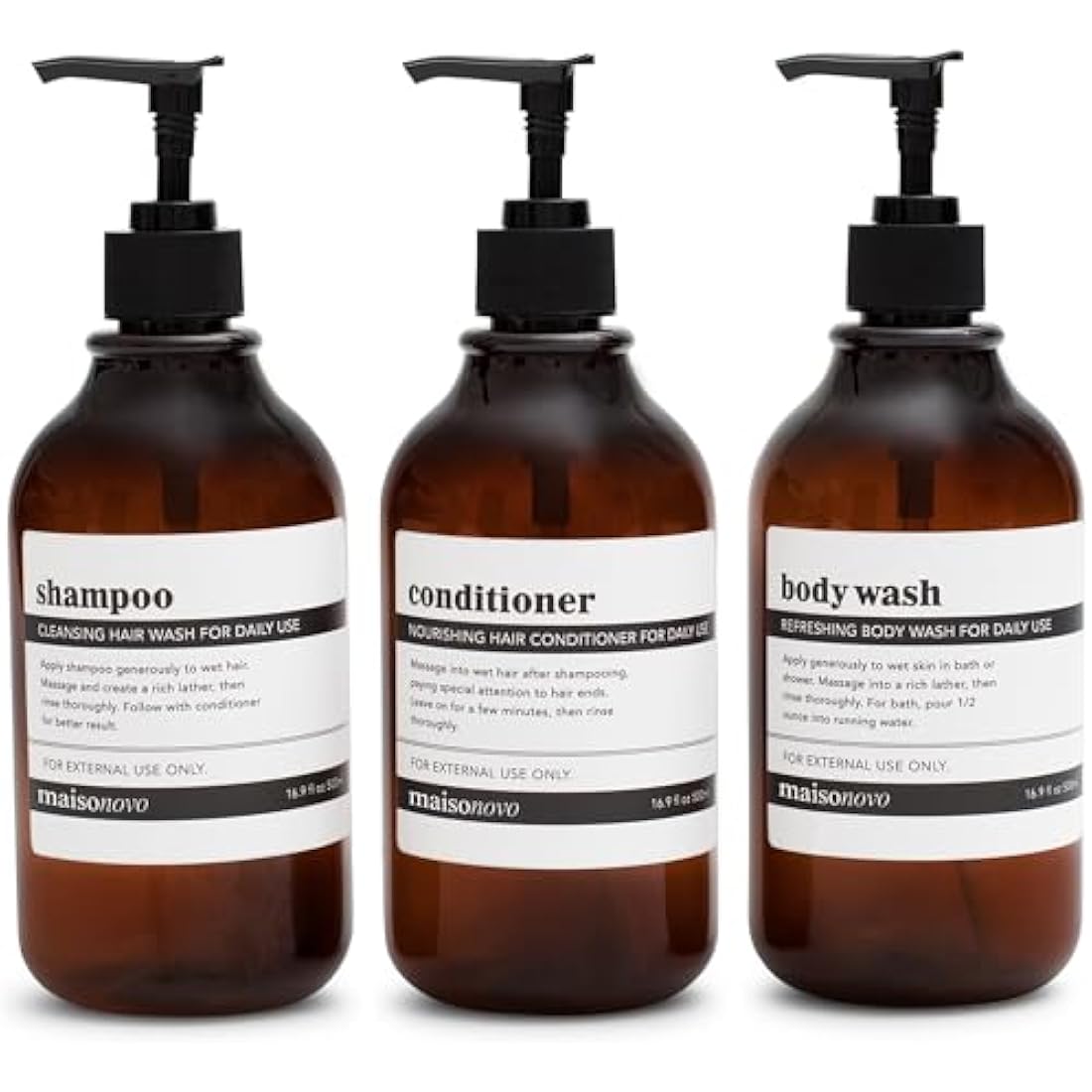 MaisoNovo Refillable Shampoo and Conditioner Bottles - 3 Pack Amber 500ml