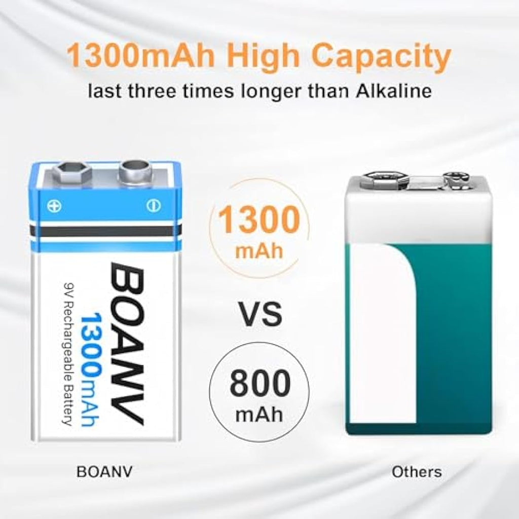 Jolof Store 9V Rechargeable Lithium Batteries 1300mAh USB-C 6 Pack
