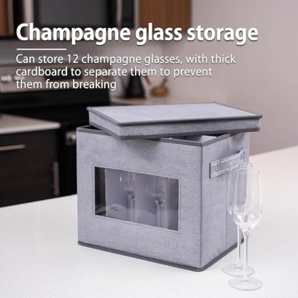 VENO Champagne Flute Storage Box | 12 Glass Organizer with Dividers | 2 Pack